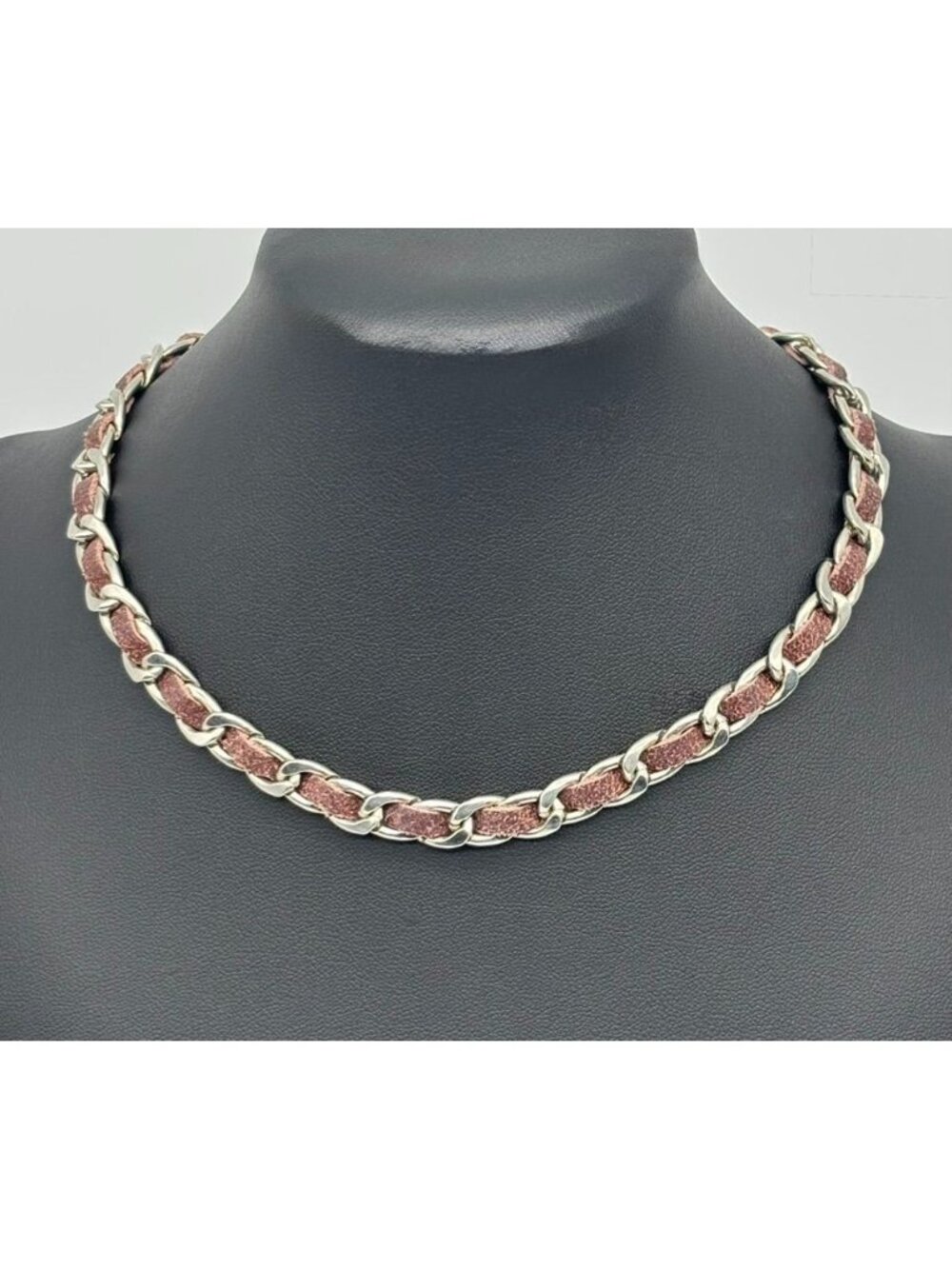 Chunky Stainless Steel Curb Chain Necklace Woven Brown Leather, Screwed On Clasp